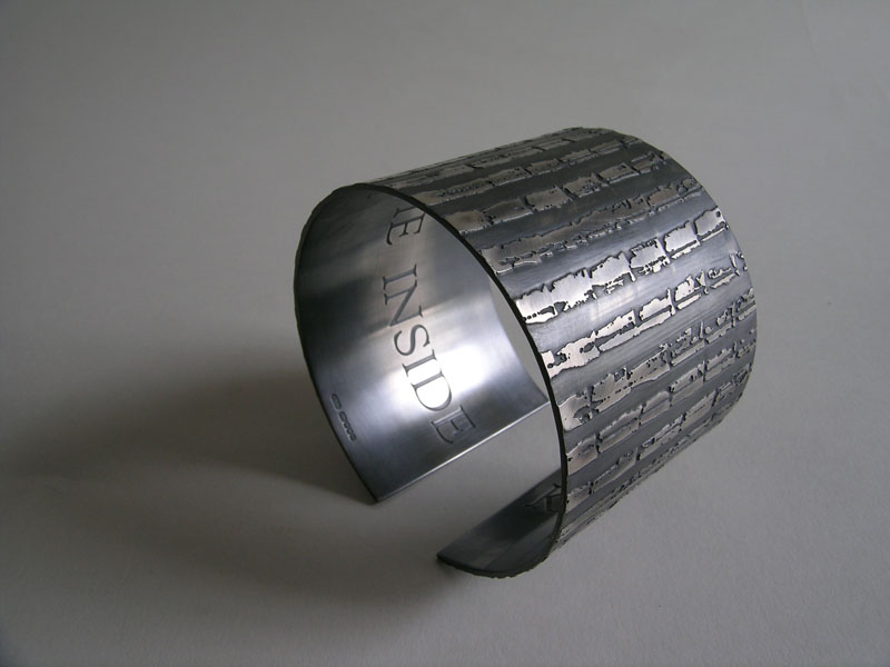 Andrea Roe, Knowing from the Inside, sterling silver etched cuff, 2015