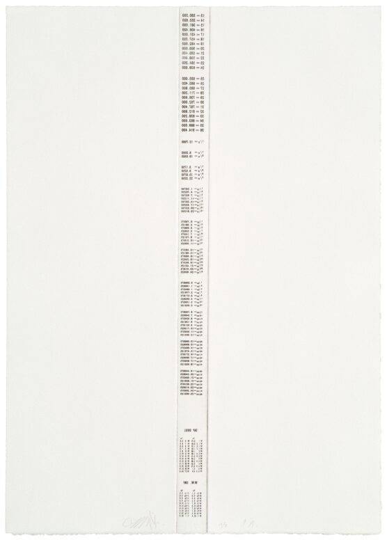 Carsten Nicolai, „Lineal Ruler / Lineal Conversation“, 2008, Tiefdruck auf Papier, Teil 1 von 2, Ex. 2/2 E. A., 50 x 70 cm © courtesy Galerie EIGEN + ART Leipzig/Berlin / VG Bild-Kunst, Bonn 2026