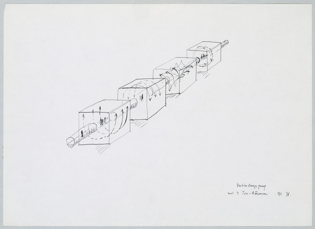 Bernhard Leitner, “Walk-in Architectures (Connecting Corridor with 4 Sound Rooms),” 1978, ink on paper, 24.9 x 34.8 cm