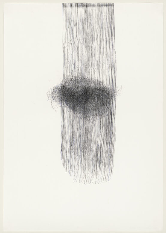 Nadine Fecht, „Studie 4 (Jedes Kollektiv braucht eine Richtung)“, 2012, 600 Kugelschreiber in Blau und Schwarz auf Papier, 100 x 70 cm © VG Bild-Kunst, Bonn 2026