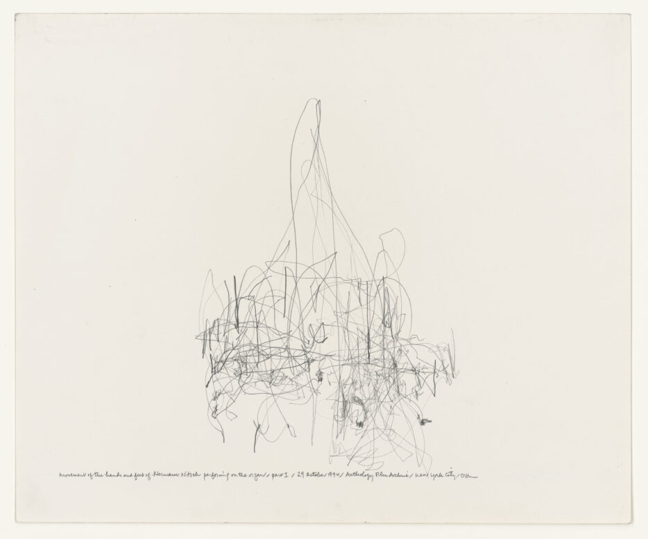 Morgan O'Hara, “Movement of Hermann Nitsch's Hands and Feet While Playing the Organ / Part I / October 29, 1994 / Anthology Film Archive, New York City,” from the series: “Live Transmissions,” 1994, pencil on paper, 35,7 x 43,1 cm © VG Bild-Kunst, Bonn 2026