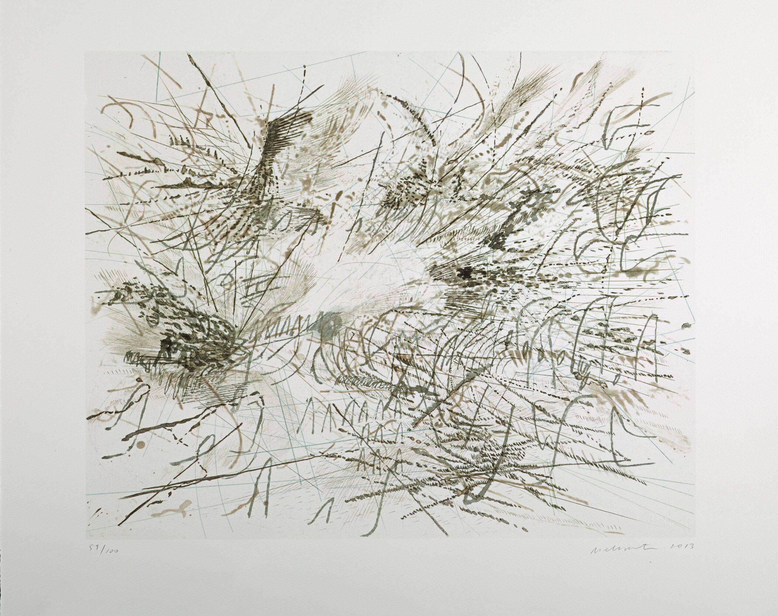 Julie Mehretu, "Untitled (Pulse)", 2013, Lithografiie in vier Farben auf Papier, 56 x 65 cm